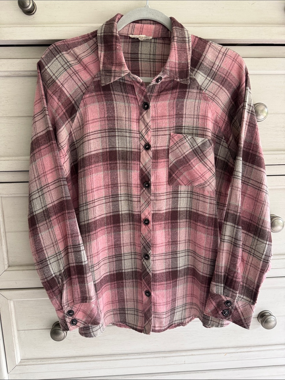Mystree Light-Weight Flannel Pink Plaid Button-Down Shirt SZ Small